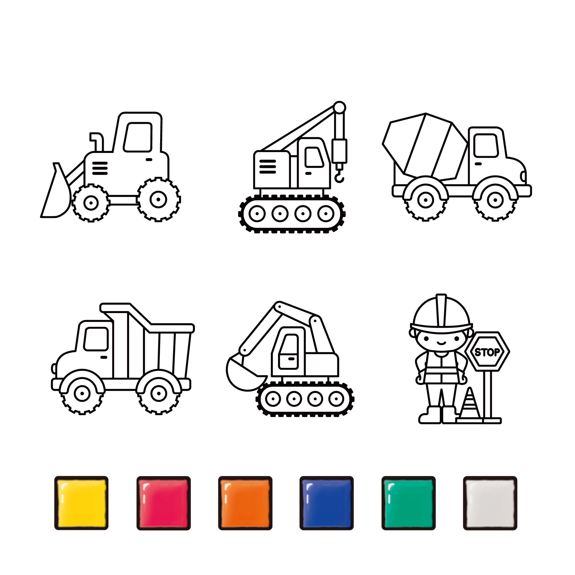 ■Glass Deco Sunny Yellow, Poppy Red, Orange, Cobalt Blue, Royal Green, Snow White*1  ■Suncatcher Plates: Shaped like Bulldozer, Crane, Mixer car, Dump truck, Power shovel, Worker.  *1 Snow White and Sky Blue do not turn to be transparent  *2 Twinkling Glitter inside