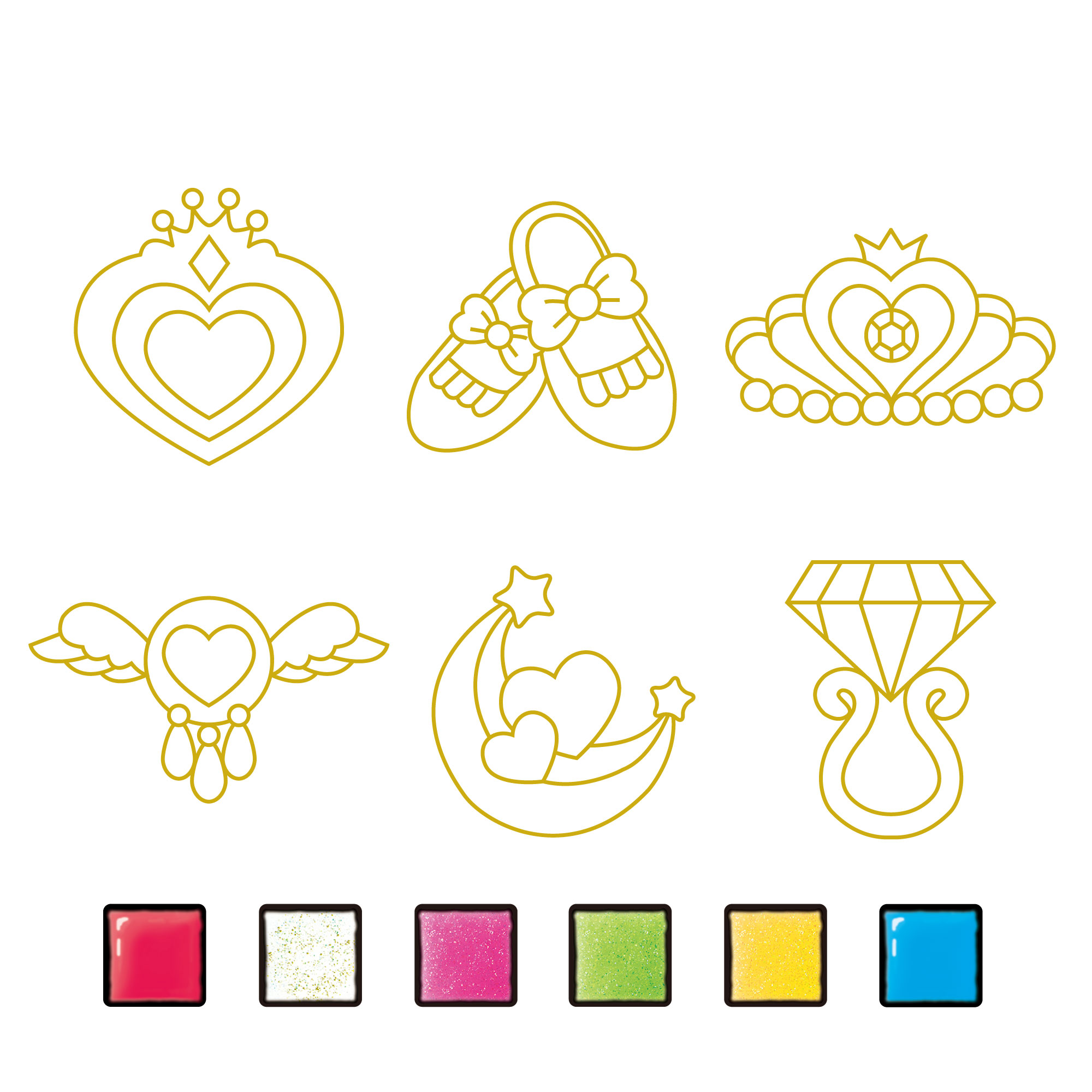 ■Glass Deco Glue: Poppy Red, Super Sparkle Clear*2, Sparkle Pink*2, Super Sparkle Yellow*2, Sparkle Green*2, Sky Blue*1  ■Suncatcher Plates Shaped like Heart, Moon, Shoes, Wing, Tiara, Ring.  *1 Snow White and Sky Blue do not turn to be transparent  *2 Twinkling Glitter inside